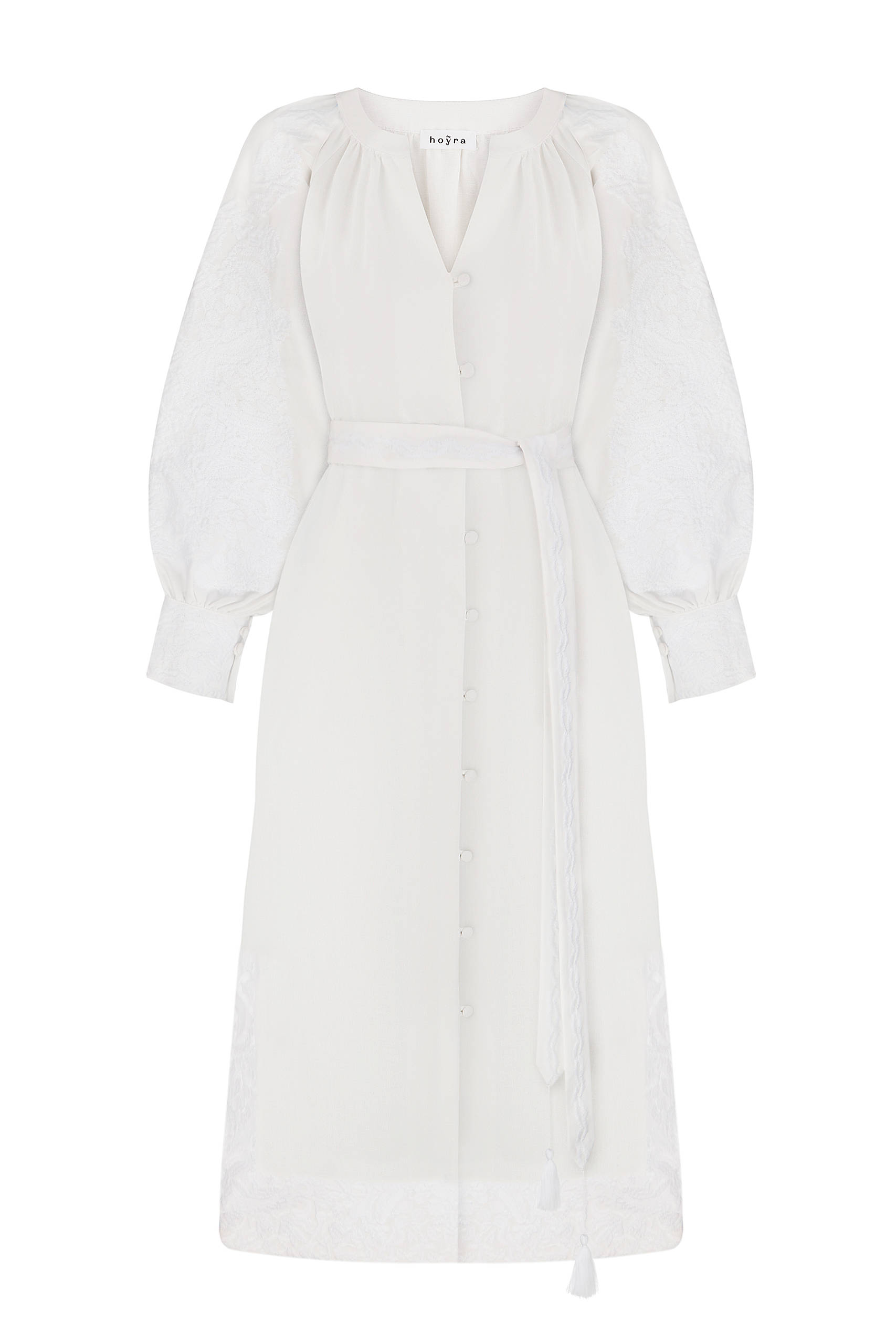 White linen dress with white embroidery, front side.